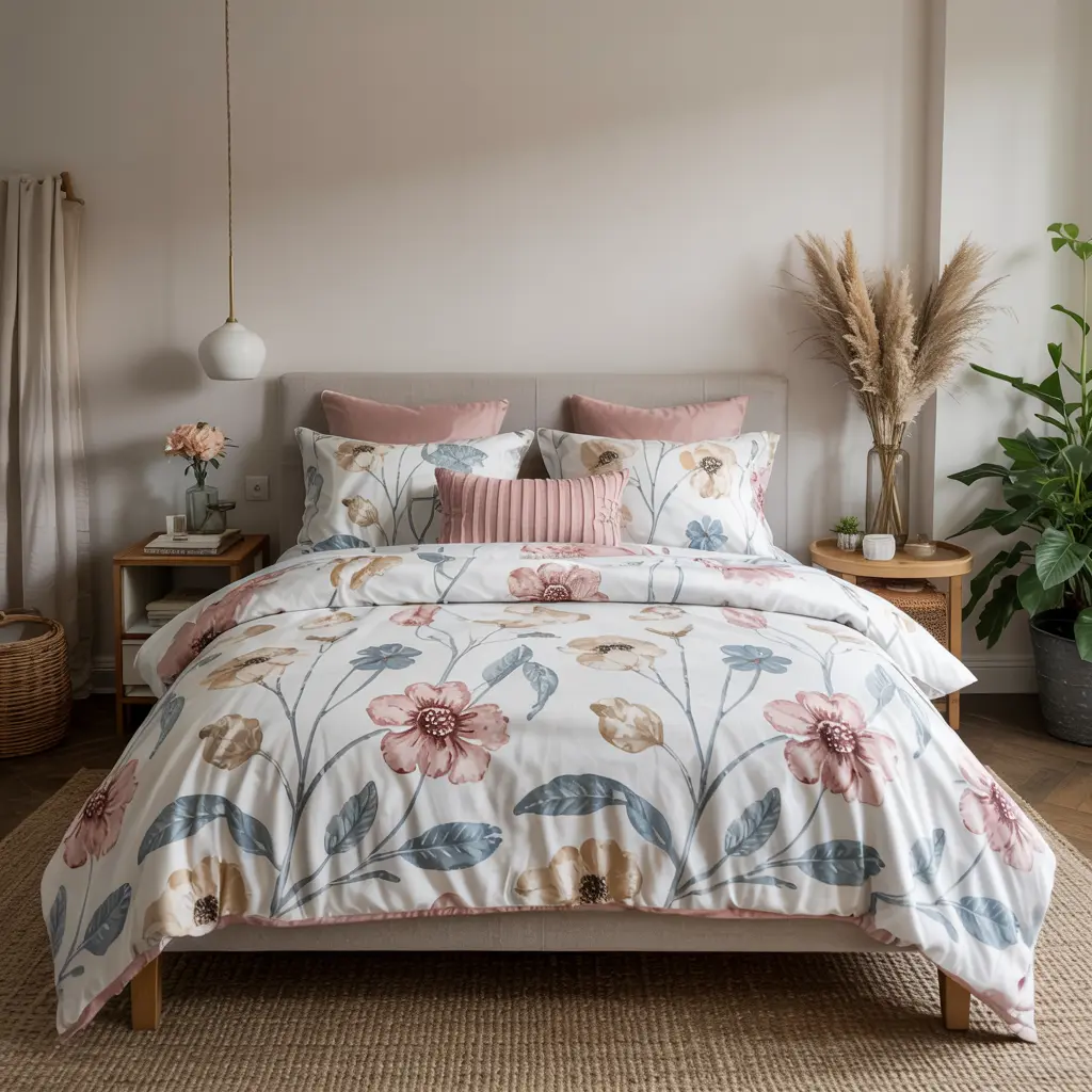 25 Warm & Cozy Bedroom Decor Ideas for Women’s Style 32 24. Feminine Floral Printed Duvet Covers