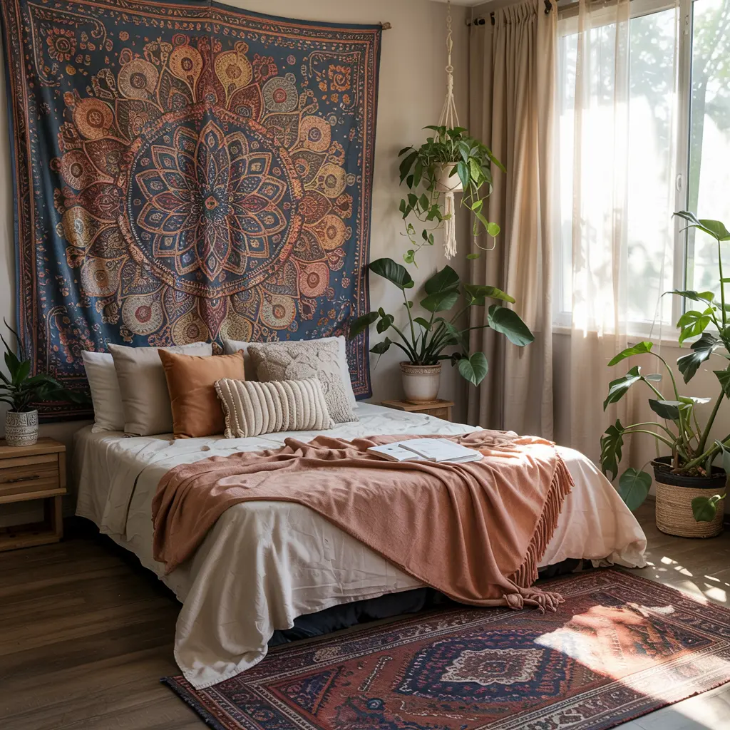 25 Bedroom Decor Ideas Boho Style for Women 32 24. Tapestry Wall Art with Ethnic or Mandala Designs