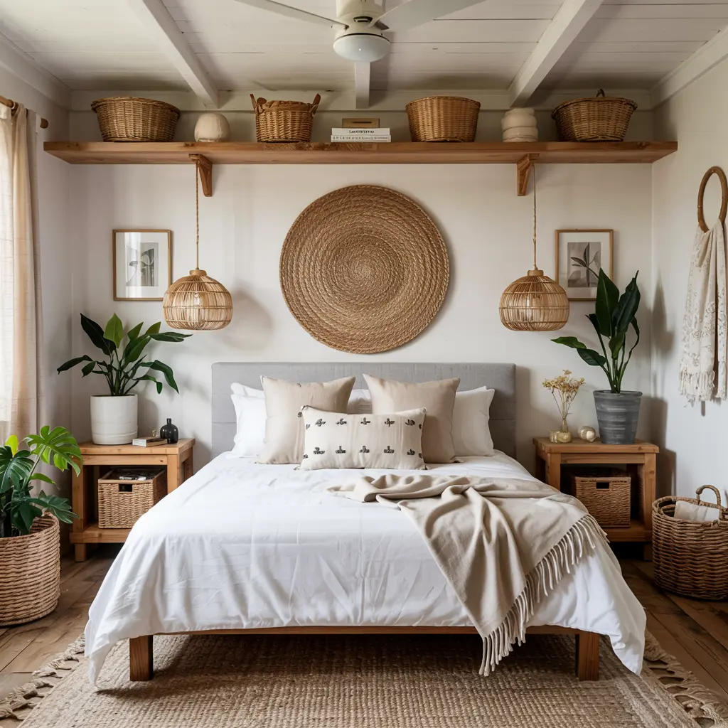 25 Aesthetic Bedroom decor ideas for women 32 24. Woven Storage Baskets for a Clean Organized Look