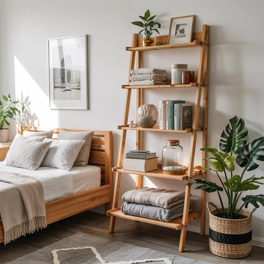 25 Bedroom Decor Ideas for Women Apartment to Save Space 33 25. Ladder Shelf for Stylish Storage and Organization
