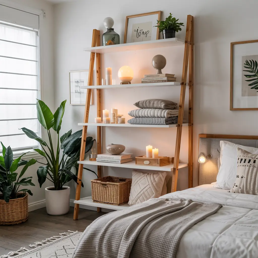25 Aesthetic Bedroom decor ideas for women 33 25. Light Wood or White Ladder Shelf for Stylish Storage