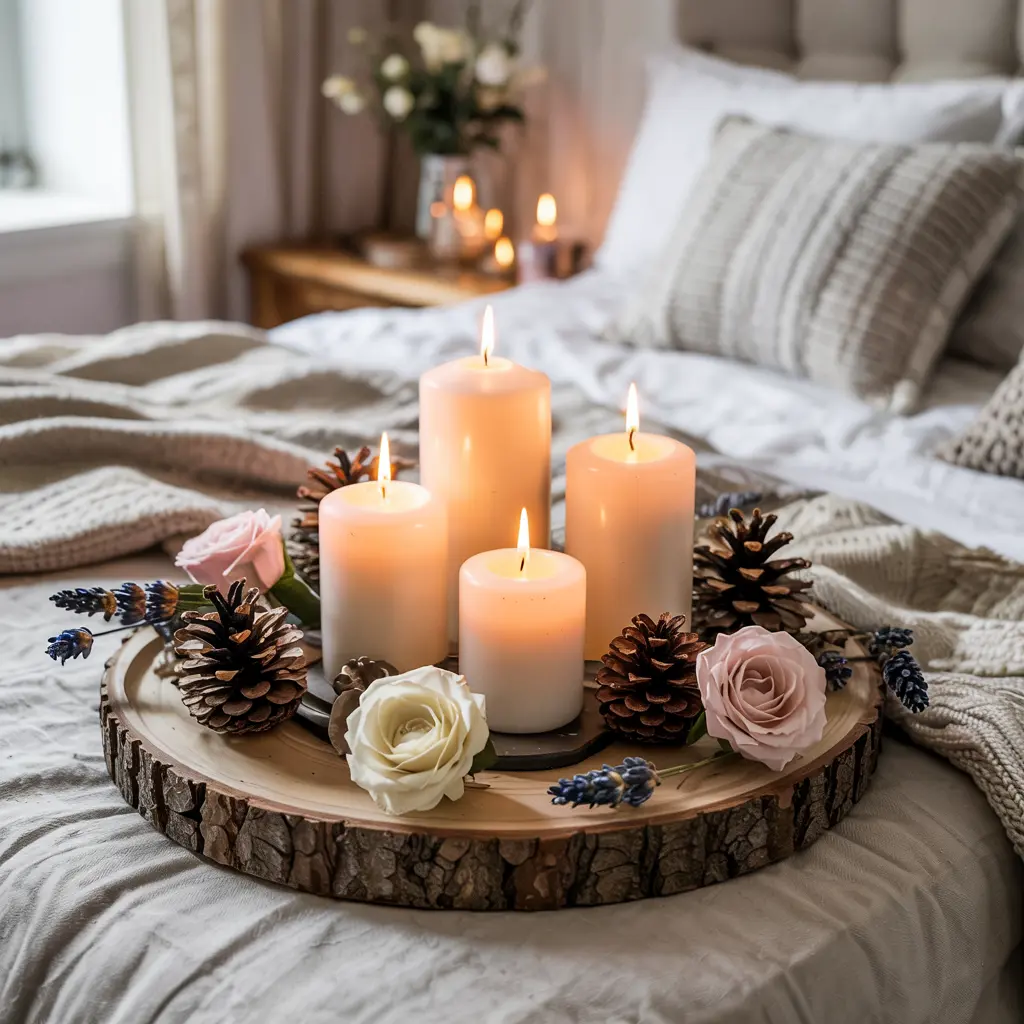 25. Rustic Wooden Tray with Candles and Florals for Bed Styling