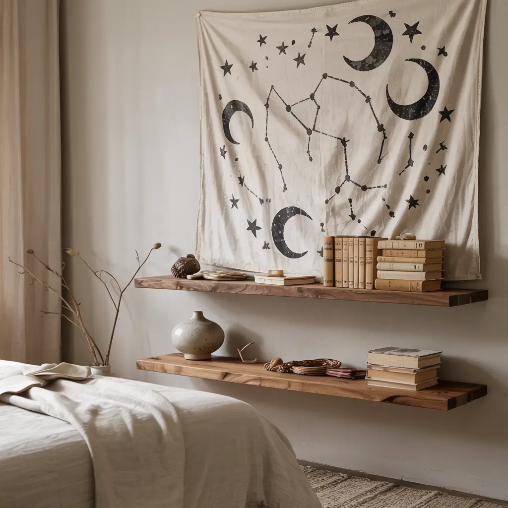 25.Floating Wooden Shelves with Boho Decor Items