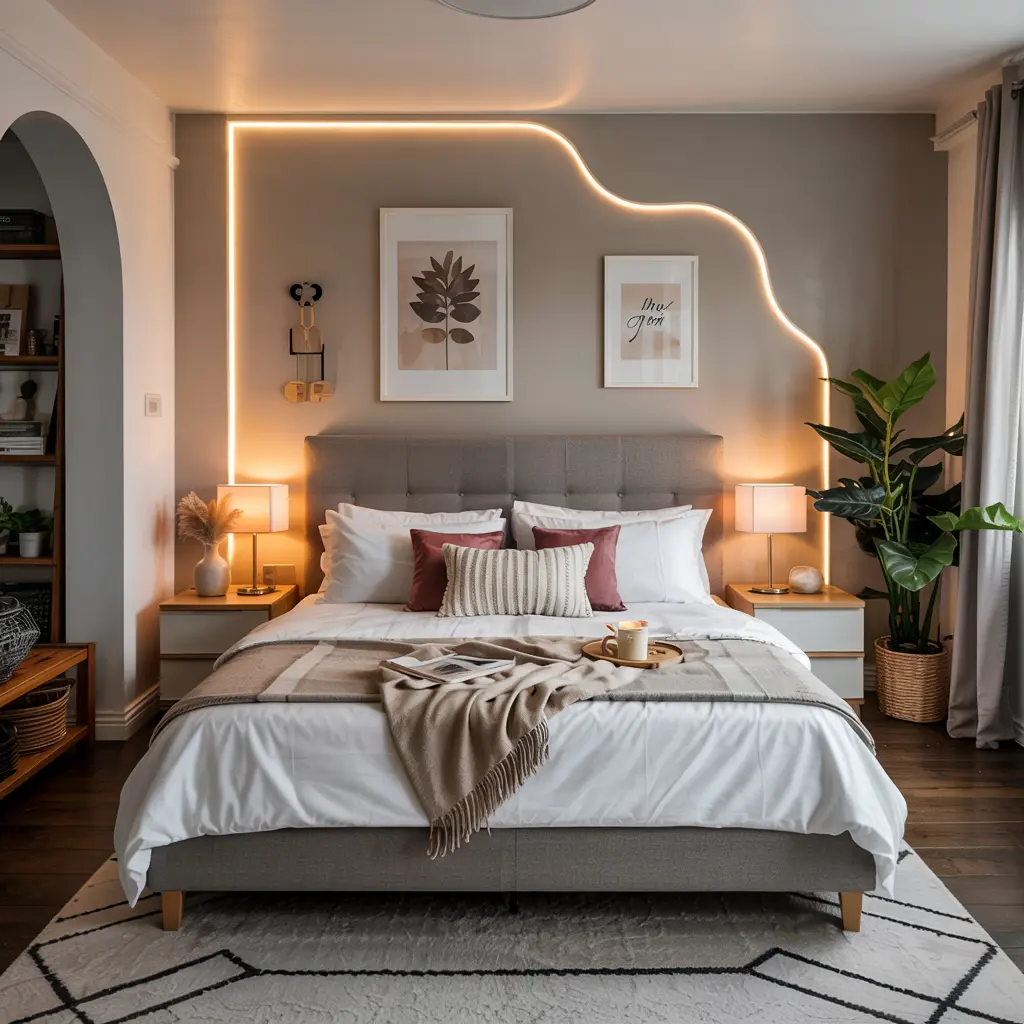 25 Aesthetic Bedroom decor ideas for women 3 3. Ambient LED Strip Lights Behind the Headboard