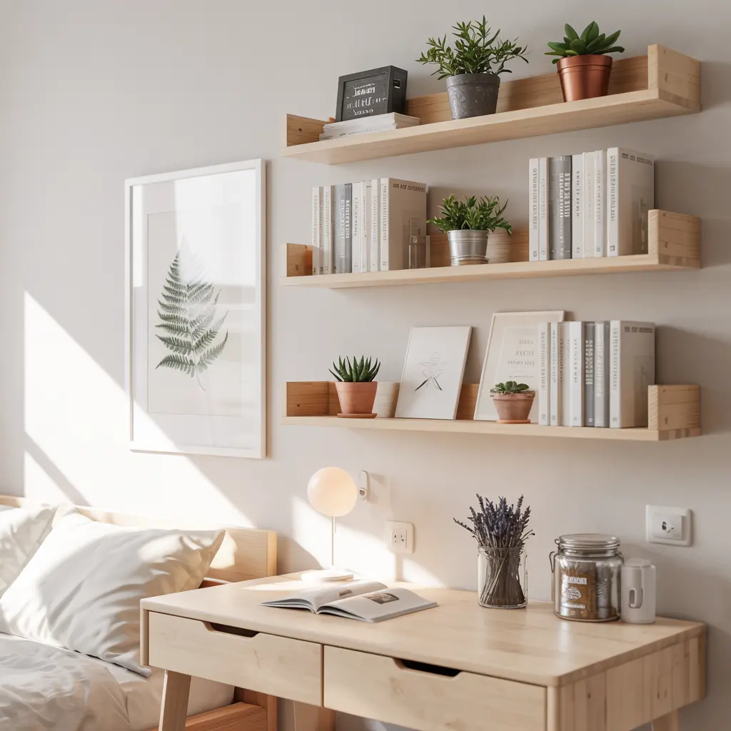 25 Bedroom Decor Ideas for Women Apartment to Save Space 3 3. Floating Shelves for Extra Storage and Decoration