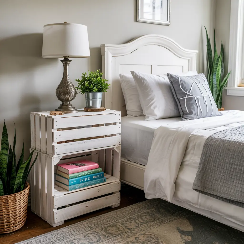 20 Trending DIY bedroom decor ideas for women 3 3. Upcycled Wooden Crate Nightstand