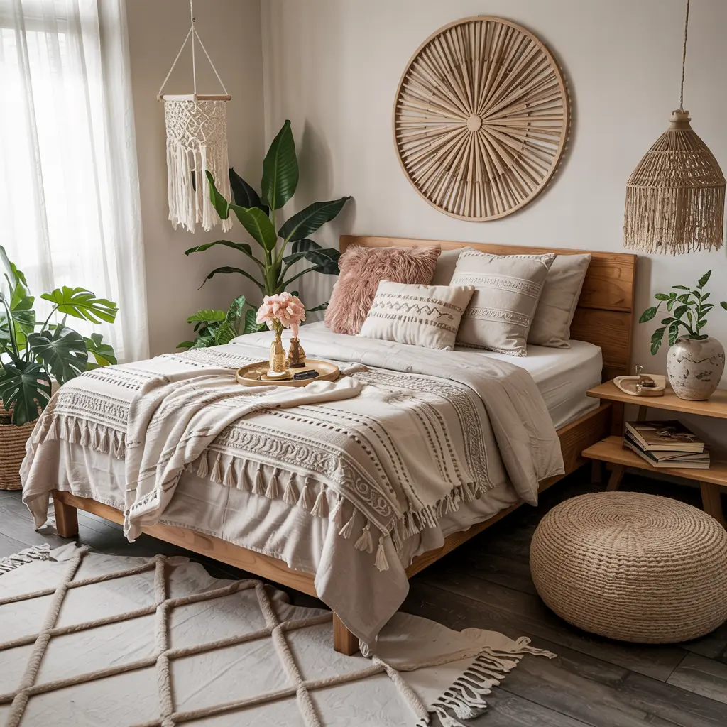 25 Bedroom Decor Ideas Boho Style for Women 4 4. Layered Textured Bedding with Tassels and Fringe