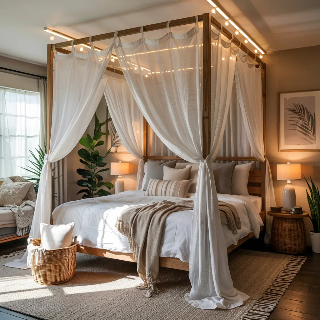 25 Warm & Cozy Bedroom Decor Ideas for Women’s Style 5 5. Canopy Bed Draped with Sheer Curtains