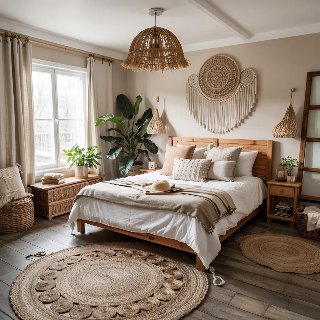25 Bedroom Decor Ideas Boho Style for Women 5 5. Woven Jute or Shaggy Area Rug for a Bohemian Vibe