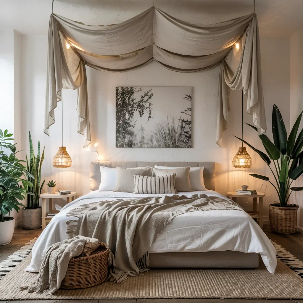 5.Hanging Canopy Over the Bed for a Dreamy Atmosphere