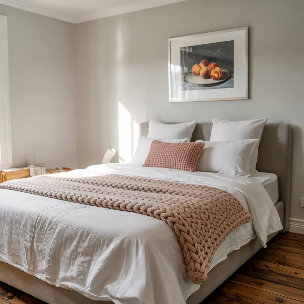 25 Warm & Cozy Bedroom Decor Ideas for Women’s Style 6 6. Chunky Knit Blanket for a Soft Inviting Touch
