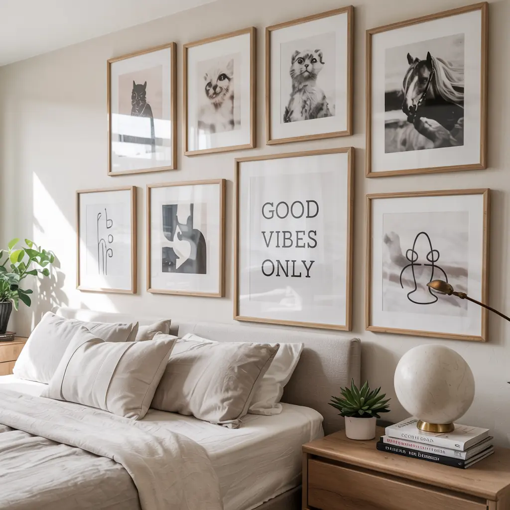 25 Aesthetic Bedroom decor ideas for women 6 6. Gallery Wall with Soft Tone Prints and Line Art