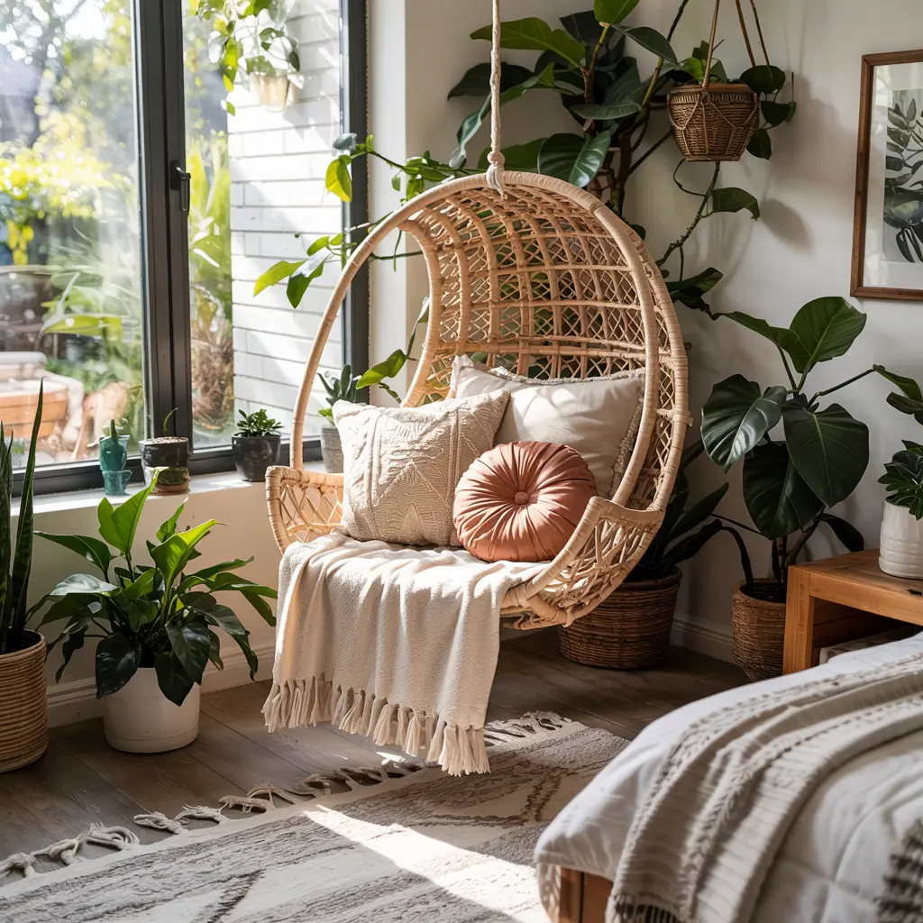25 Bedroom Decor Ideas Boho Style for Women 6 6. Hanging Chair or Hammock for a Relaxing Corner