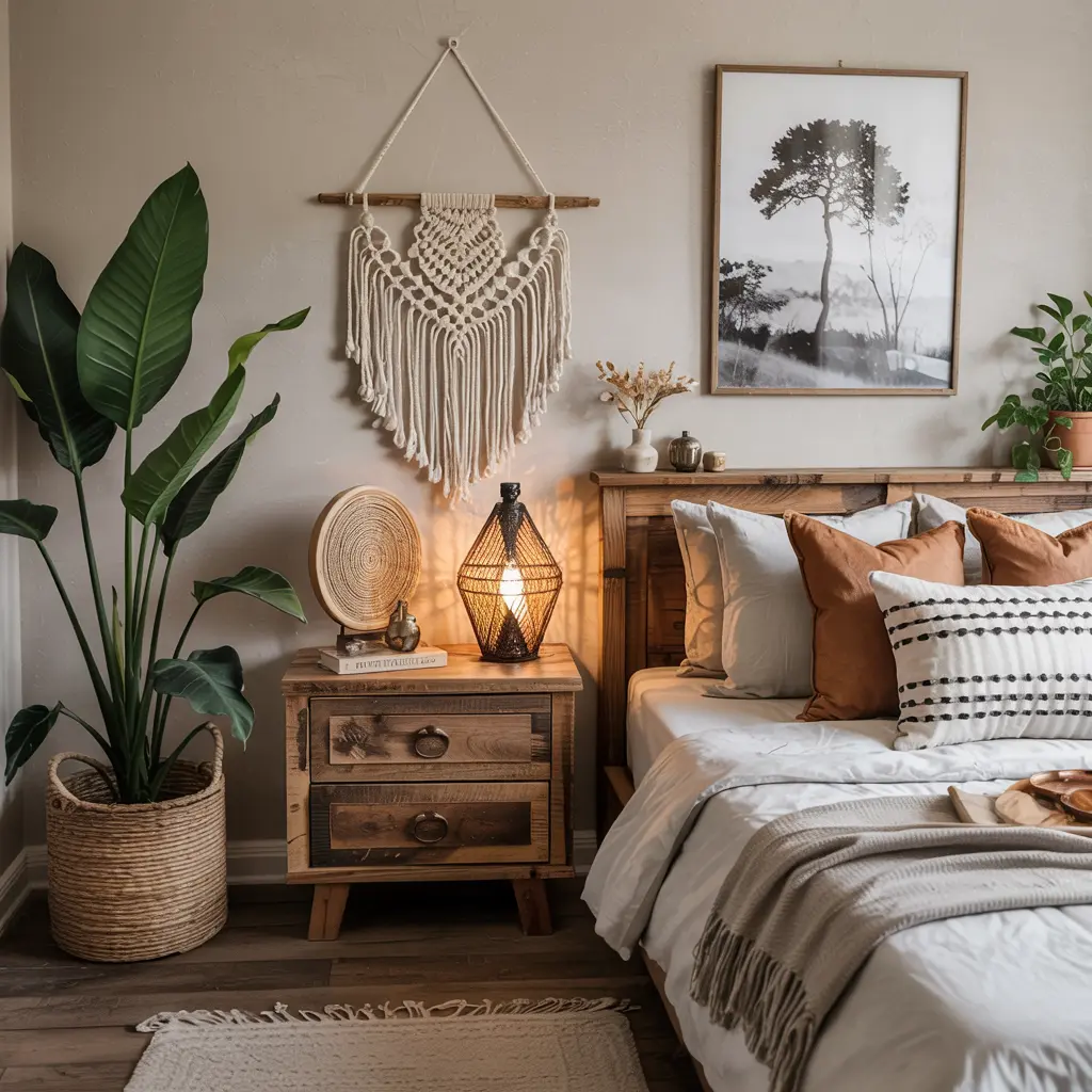 6.Vintage Wooden Nightstands for a Rustic Boho Look
