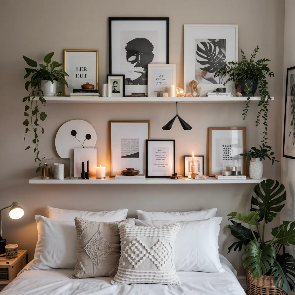 25 Aesthetic Bedroom decor ideas for women 7 7. White Floating Shelves for Art Prints and Decor
