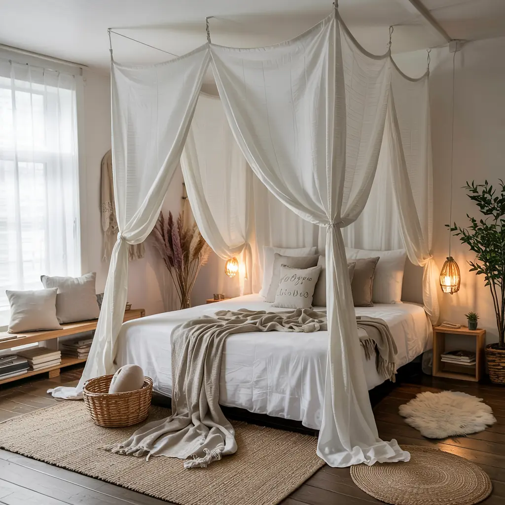 20 Trending DIY bedroom decor ideas for women 8 8. DIY Canopy Bed with Sheer Curtains