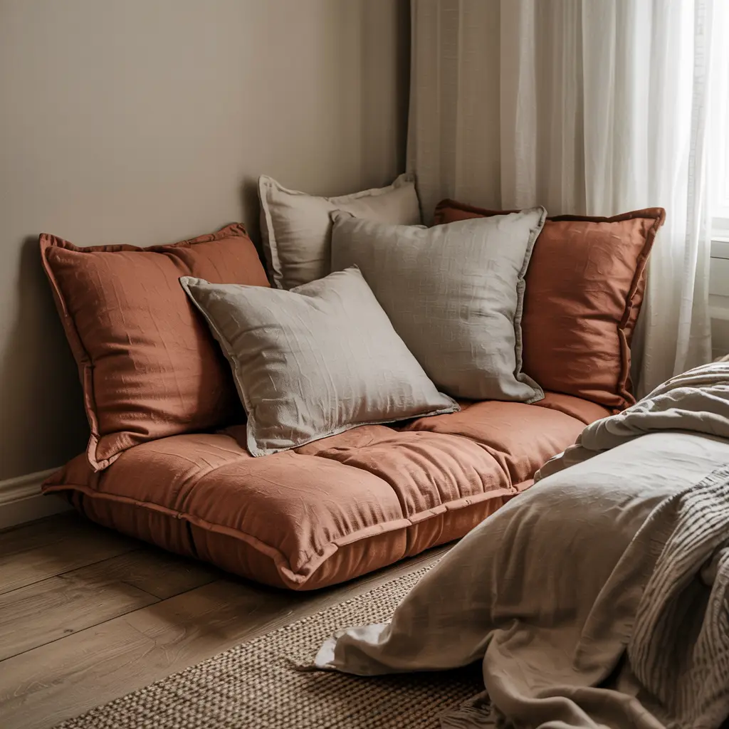 25 Warm & Cozy Bedroom Decor Ideas for Women’s Style 8 8. Oversized Floor Cushions for a Relaxing Lounge Area
