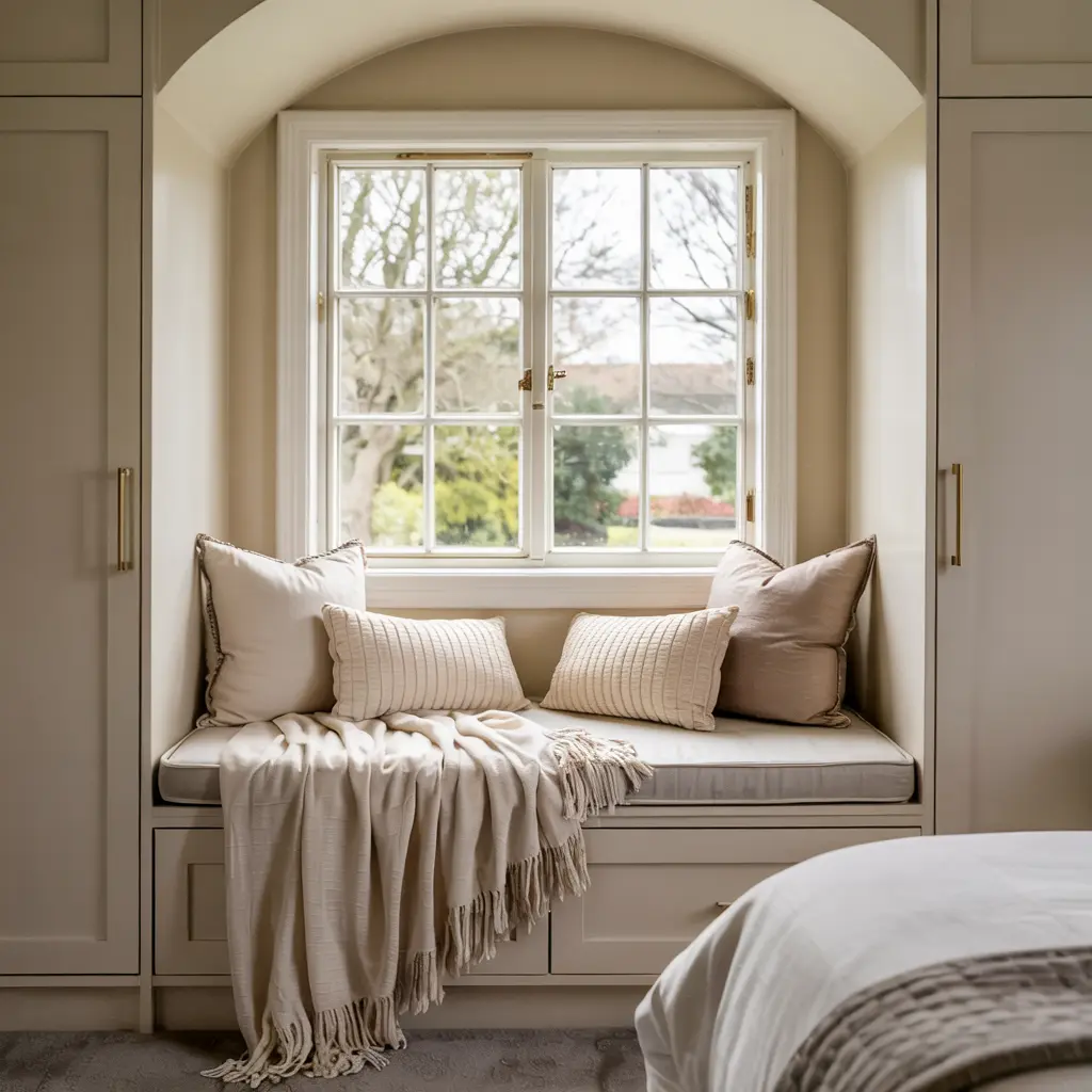25 Warm & Cozy Bedroom Decor Ideas for Women’s Style 9 9. Cozy Window Nook with Soft Pillows and Blankets