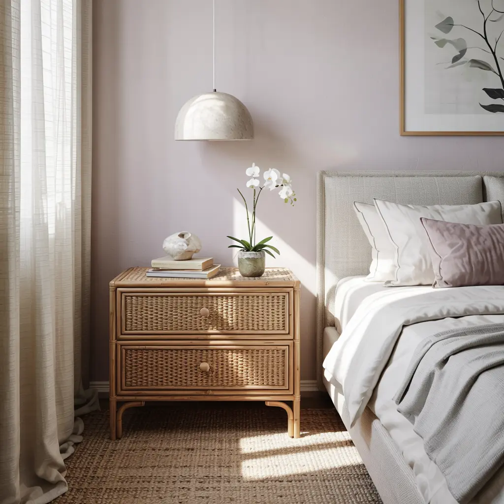 25 Aesthetic Bedroom decor ideas for women 9 9. Rattan or Cane Nightstand for a Natural Accent
