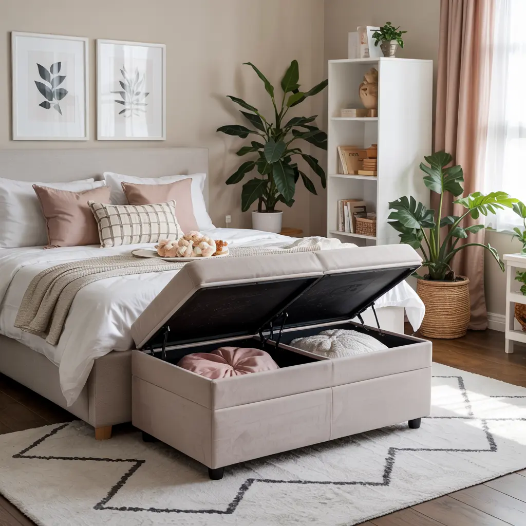 25 Bedroom Decor Ideas for Women Apartment to Save Space 9 9. Space Saving Ottoman with Hidden Storage