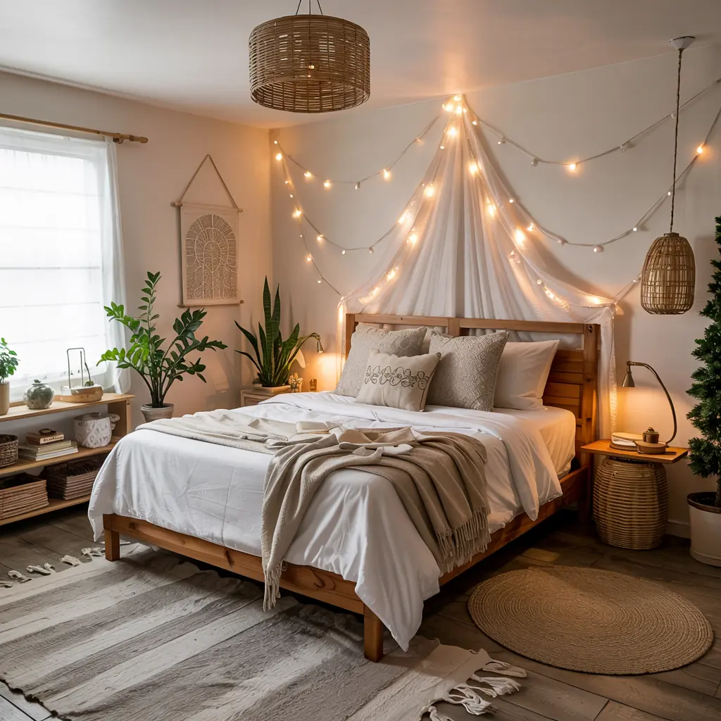 25 Bedroom Decor Ideas Boho Style for Women 9 9. String Lights for a Soft and Cozy Ambiance
