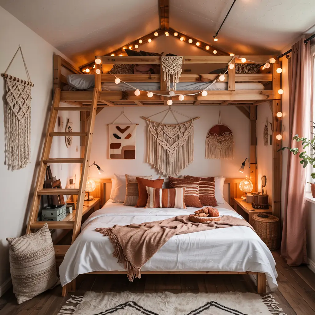 Boho Style Loft Bed with Fairy Lights Macrame Decor