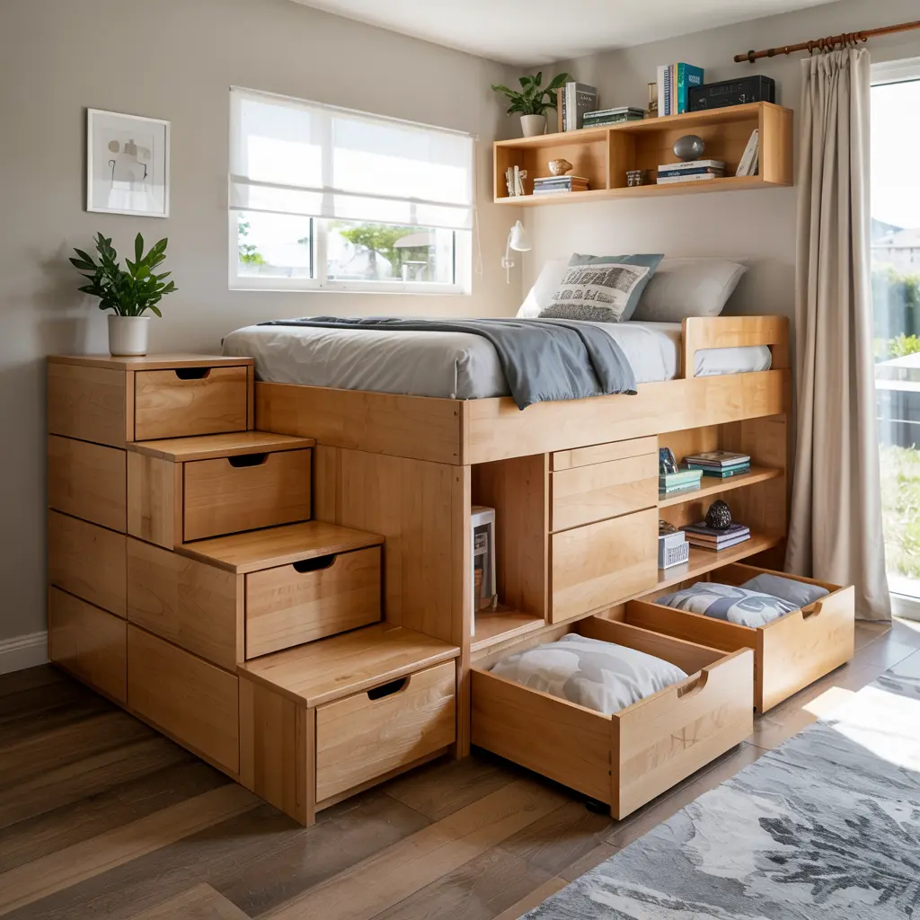 Compact Loft Bed with Hidden Storage Compartments