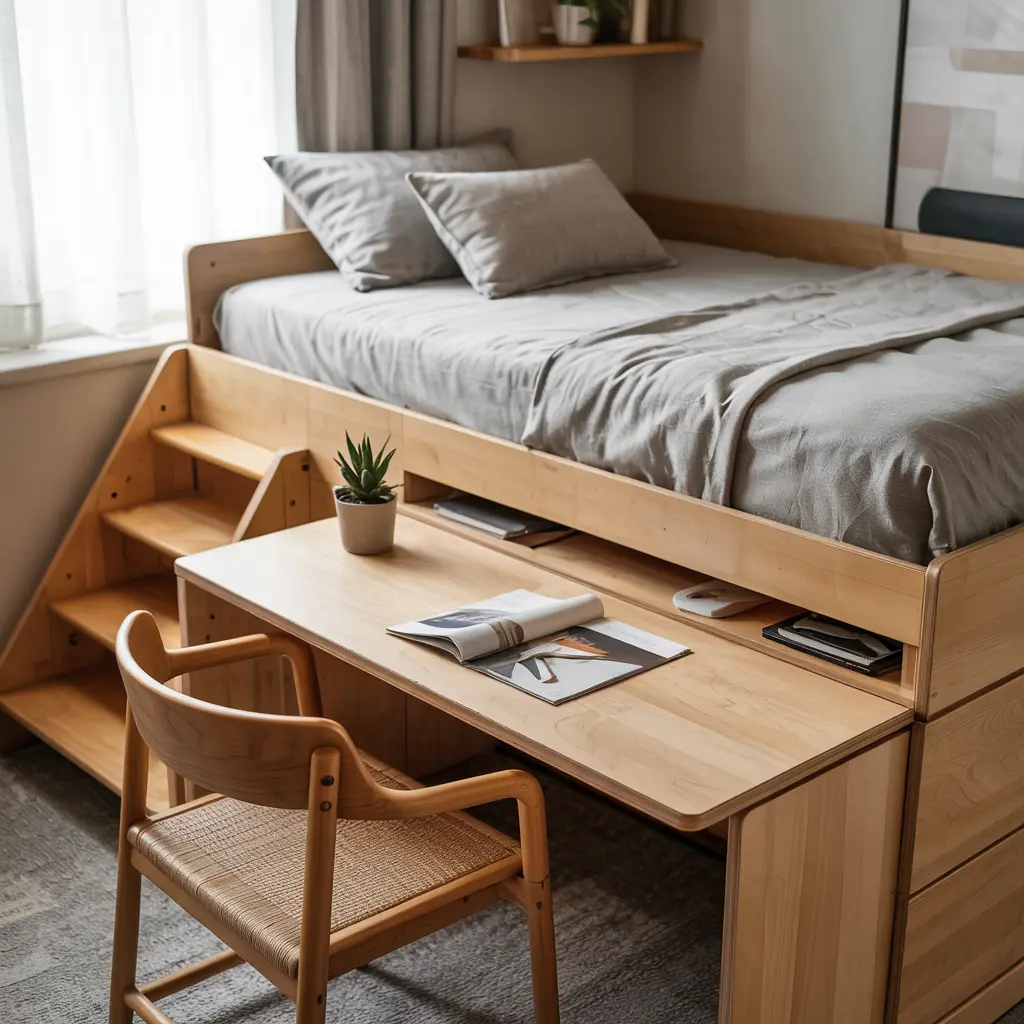 Compact Loft Bed with a Foldable Desk
