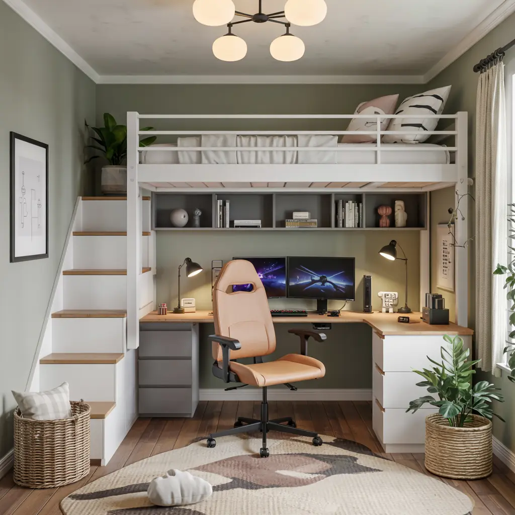 High Loft Bed with a Gaming Setup Underneath