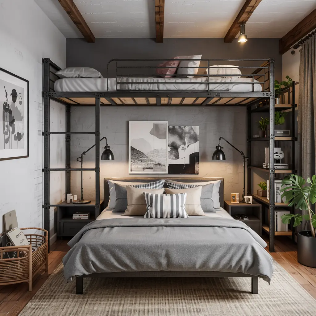 Industrial Style Loft Bed with Metal Frame