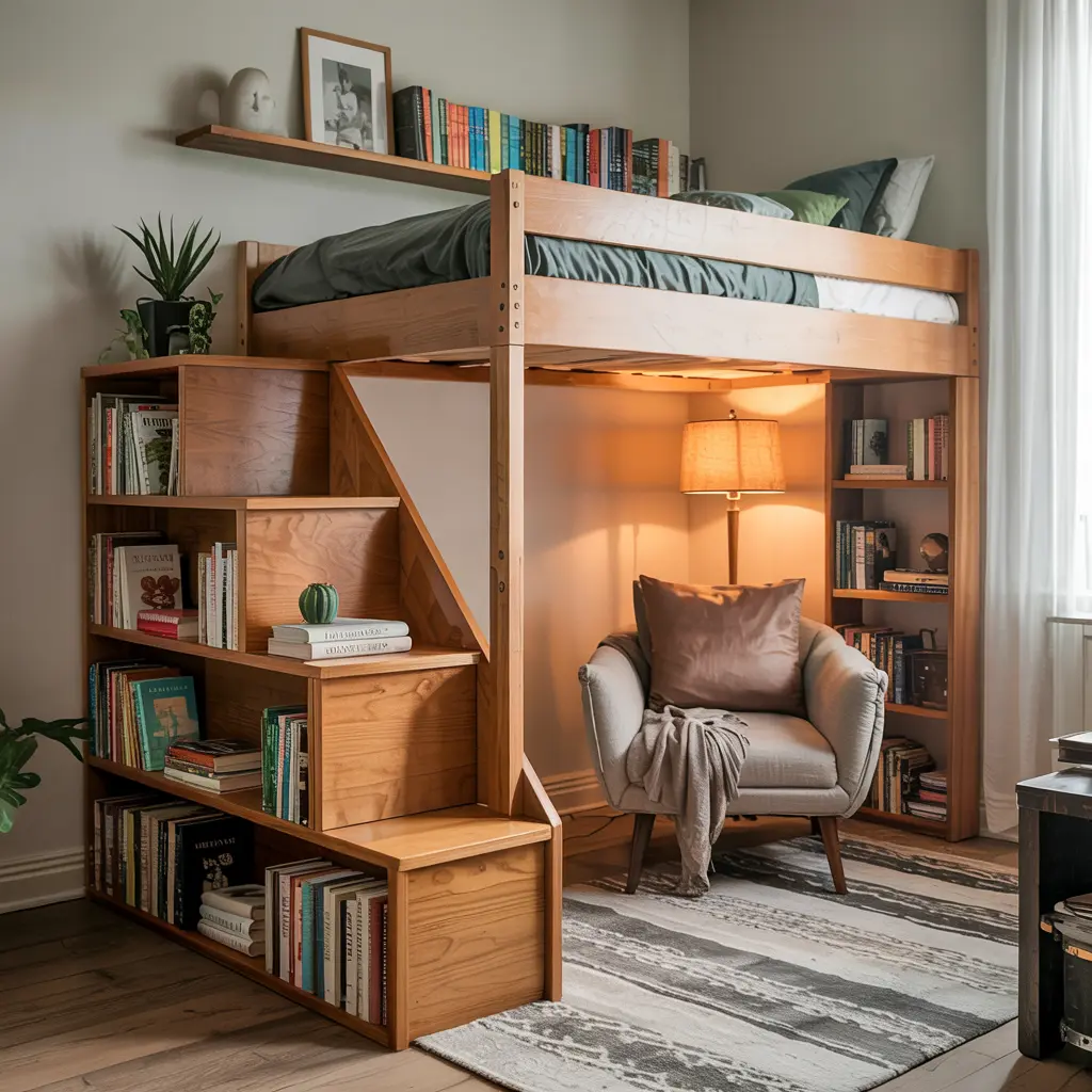 Loft Bed with a Built In Bookshelf for Book Lovers