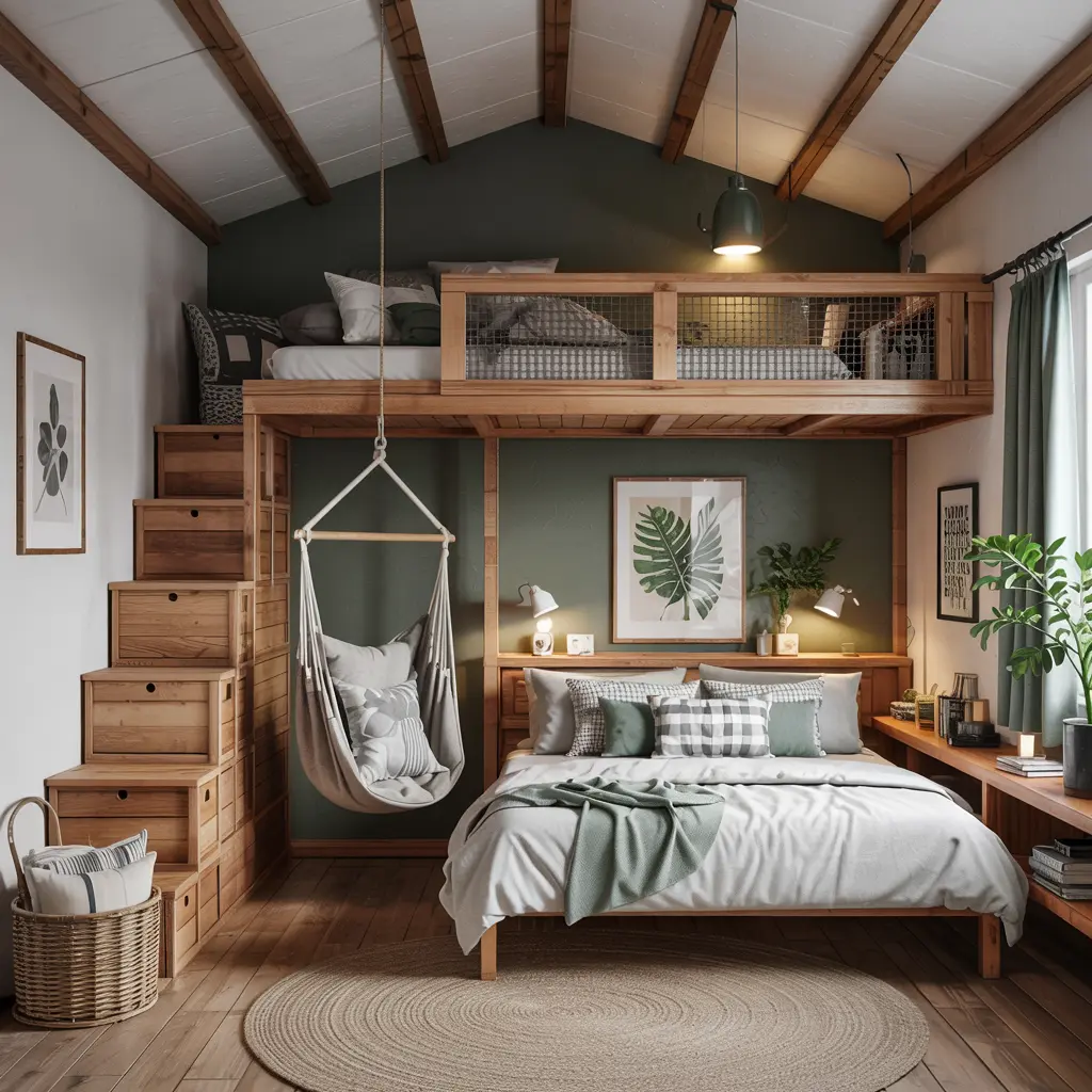 Loft Bed with a Hanging Chair for a Relaxing Vibe
