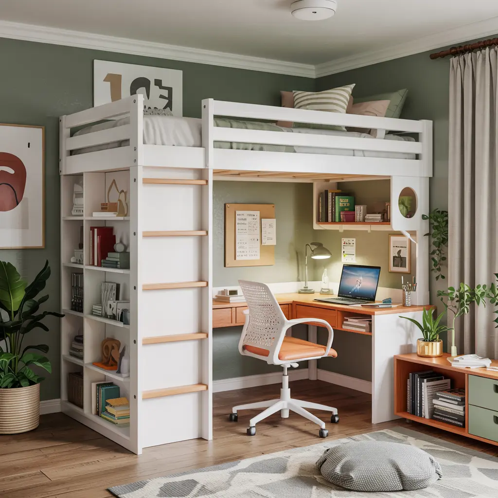 Loft Bed with a Small Workstation for Home Offices