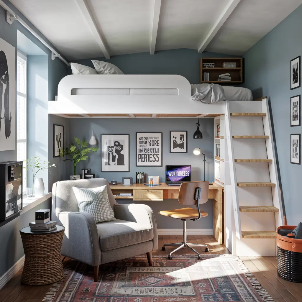 Loft Bed with a Work or Lounge Space Underneath