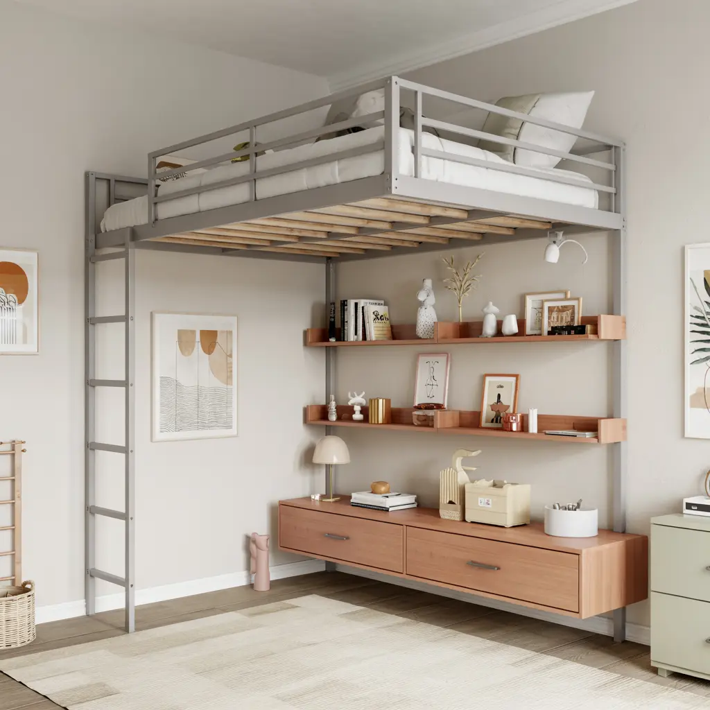 Minimalist Loft Bed with Floating Shelves