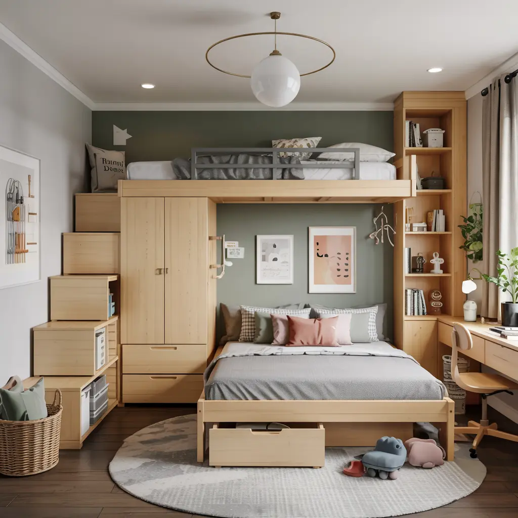 Multifunctional Loft Bed with a Wardrobe Underneath
