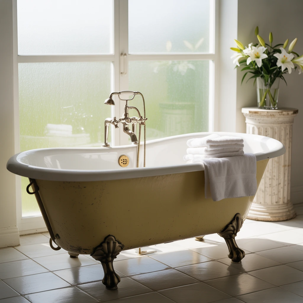 a photograph of a vintage clawfoot batht 1JcRealaQKmhdr3jrjjirA QpQTY5QTR0WbHE09WcRK4g