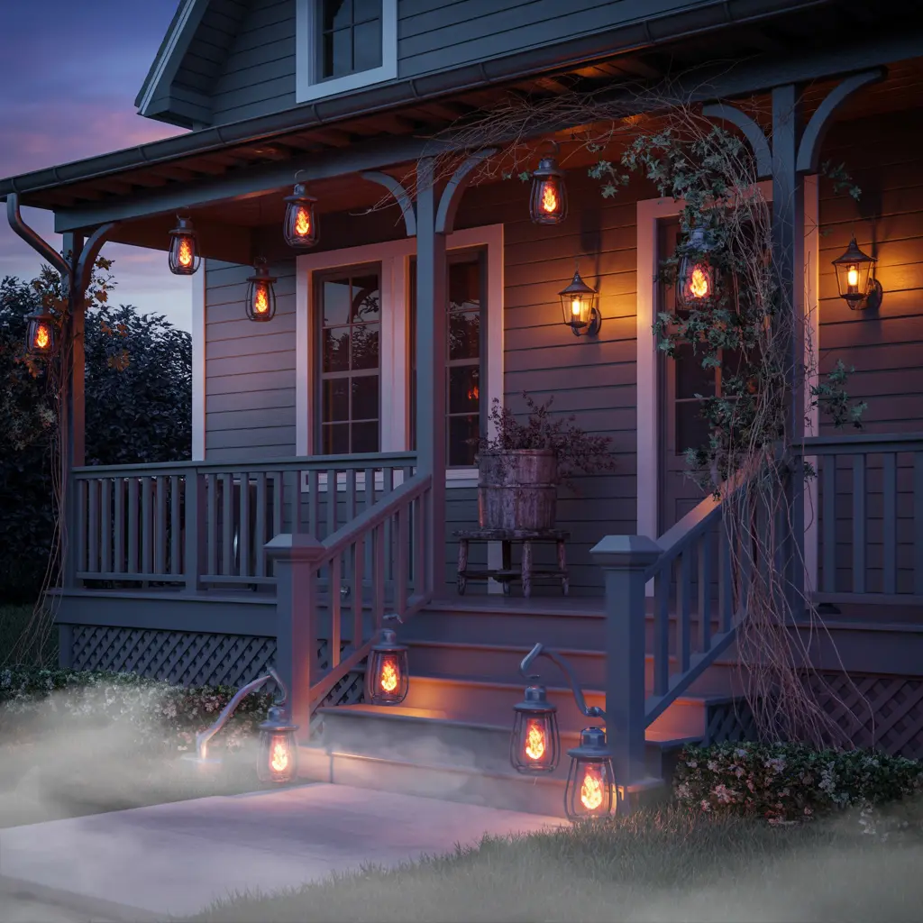 1. Haunted Front Porch with Flickering Lanterns