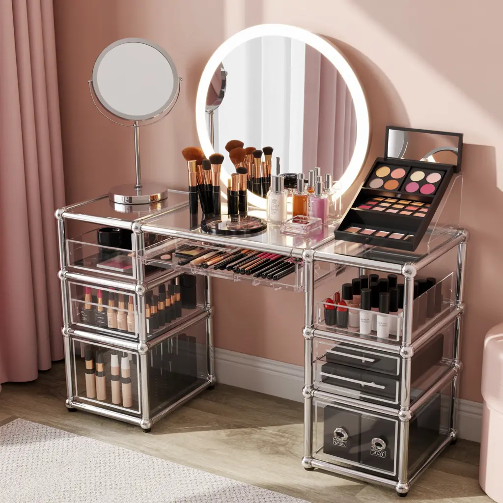 10. Makeup Vanity with Acrylic Organizers for Storage