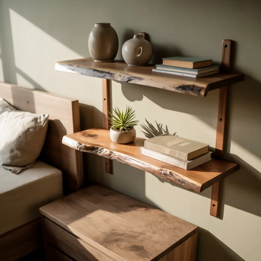 11. Raw Wood Floating Shelves for Minimal Decor