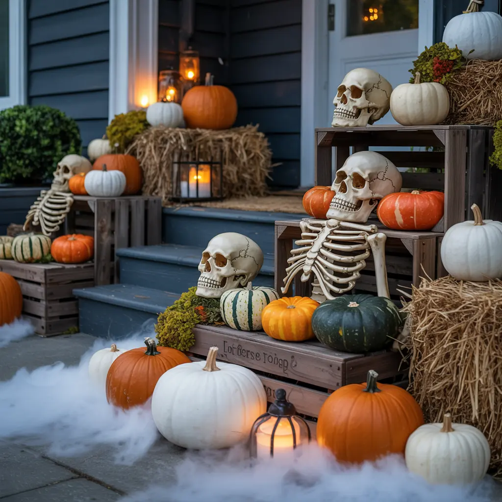 12. Pumpkins and Gourds Arranged with Skulls and Bones