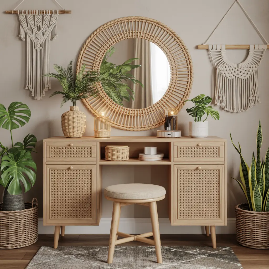 12. Round Mirror Vanity with Boho Rattan Accents