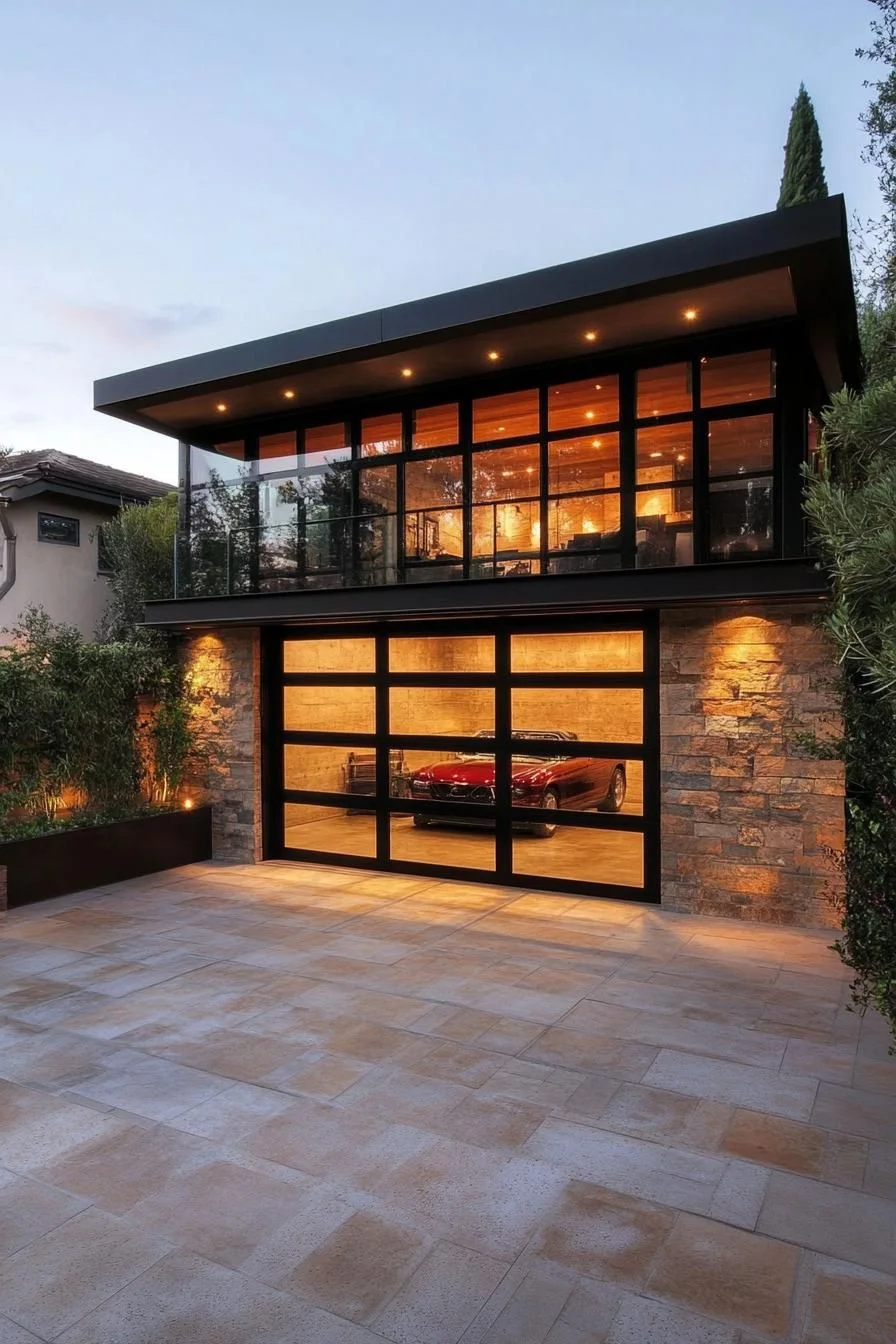 Glass-Front Modern House with Transparent Garage Doors