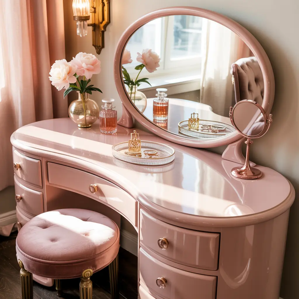 13. Chic Pink Vanity with Velvet Stool for a Feminine Touch
