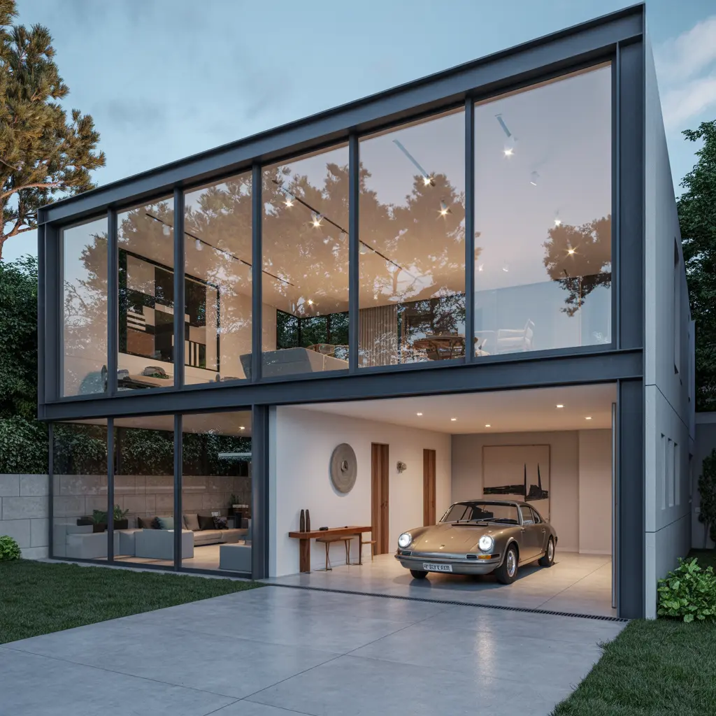13. Glass Front Modern House with Transparent Garage Doors