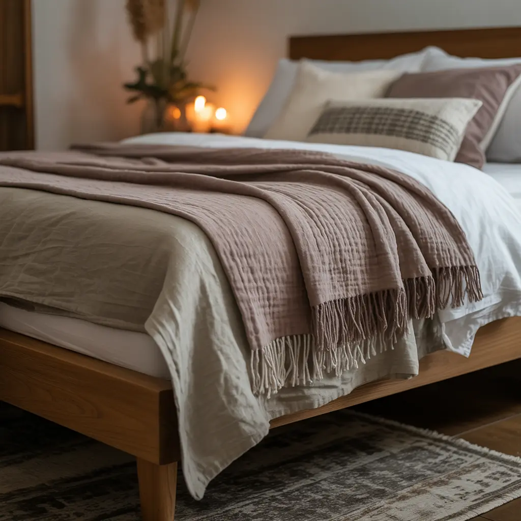 14. Layered Blankets in Soft Muted Colors