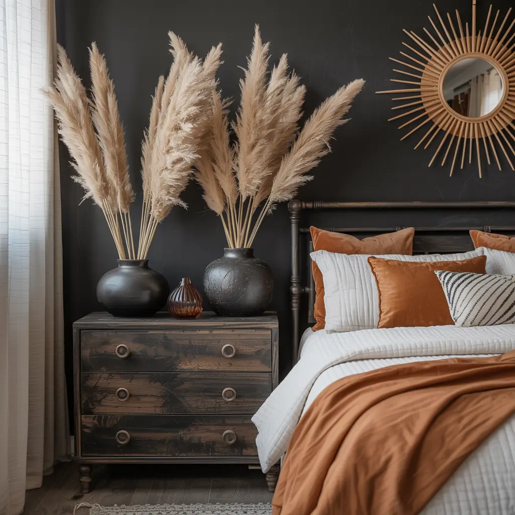 16. Dried Pampas Grass or Palm Leaves in Black Vases