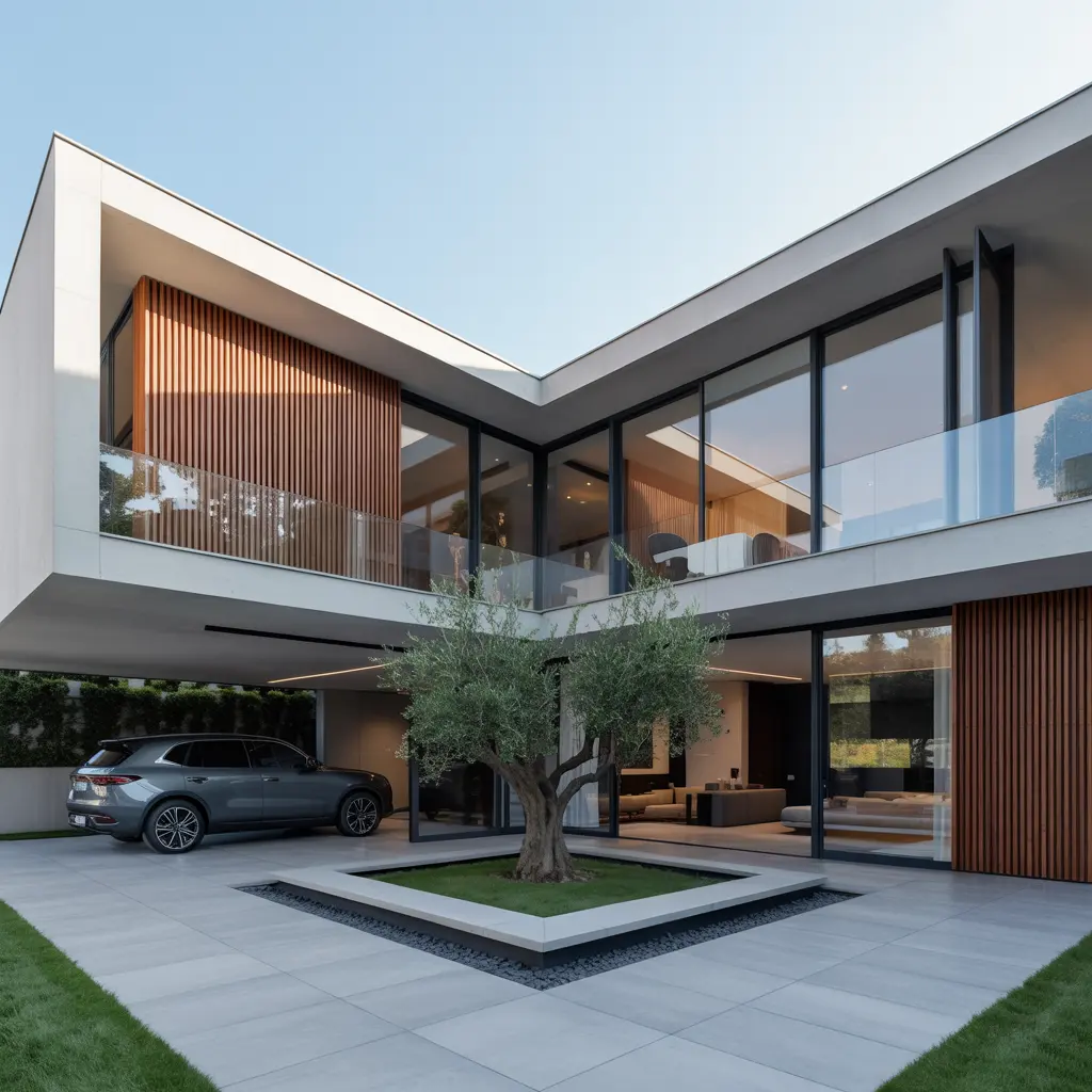18. L Shaped Modern House with Courtyard and Garage
