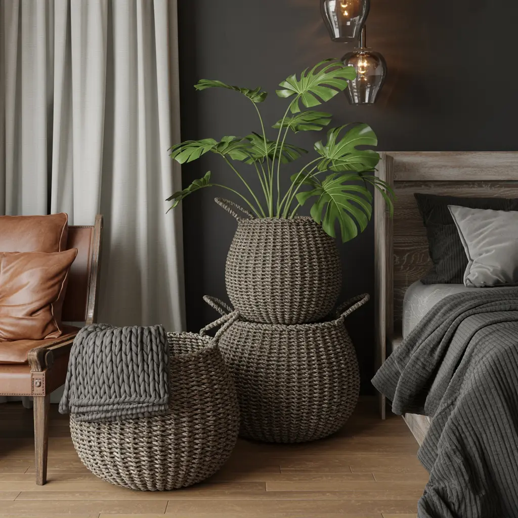 19. Woven Seagrass Baskets with Dark Finish