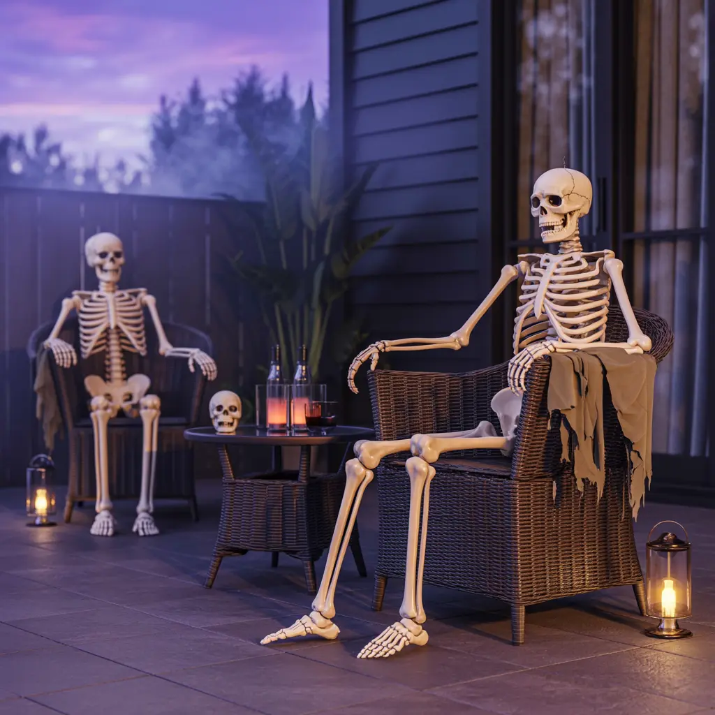 2. Life Size Skeletons Posing on Outdoor Furniture